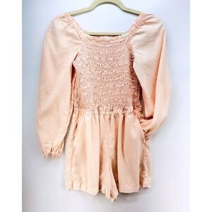 Bella Dahl Girl Pink Peach Smocked Puff Sleeve Linen Romper Sz 14 Cottagecore